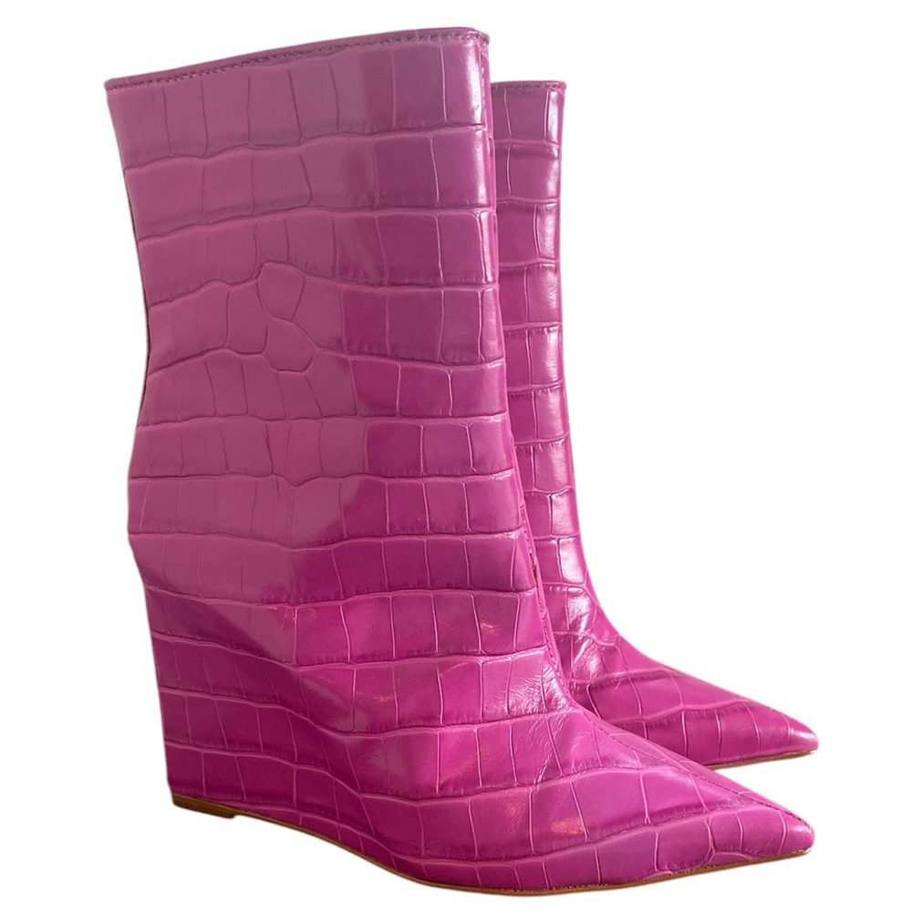 Schutz Asya Very Pink Wide Crocodile Wedge Heels Boots, Women’s size 7B